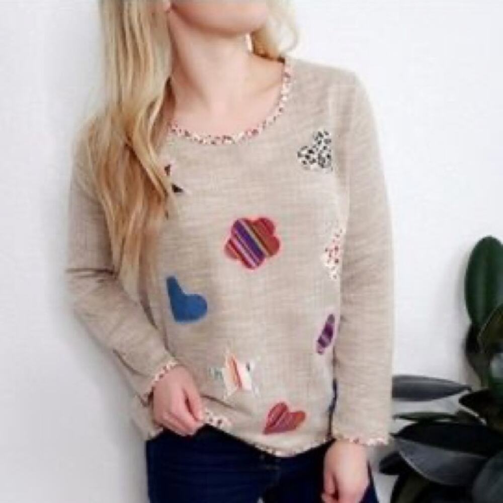 DAYOU Long Sleeve Crew Neck Patchwork Pullover Top Tan Women's Size Medium‎